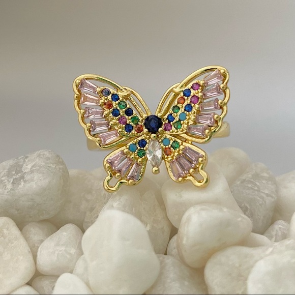 18k Gold Plated Pink Cubic Zirconia adjustable butterfly Ring. Anillo Mariposa - Picture 2 of 7